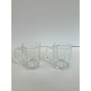 Arcoroc France Octime Clear Glass Mugs Etched Geometric Octagonal Set of‎ 2